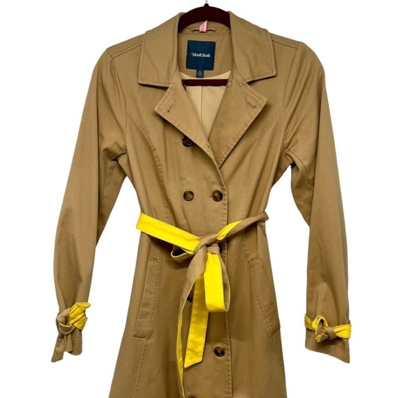 ModCloth Classic Imagination Khaki & Yellow Double Breas Trench Coat Women Small - Picture 5 of 12